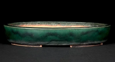 Japanese Bonsai Pot 2nd HEIAN TOFUKUJI 12"(30.4cm) Green Glazed Rectangle K396 - Image 1 of 4
