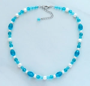 Ocean Water Freshwater Pearl Necklace Beaded Blue White Silver Wedding Beach - Picture 1 of 3
