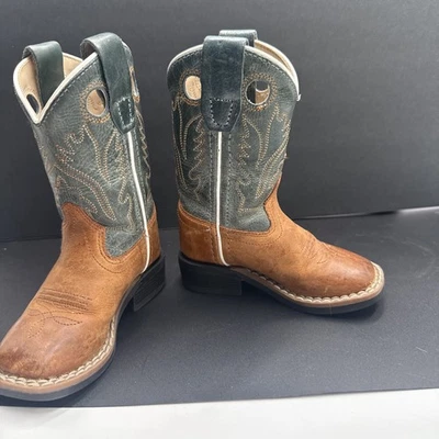 Botas vaqueras occidentales de cuero para niños talla 5D marrón y verde azulado costuras lengüetas Foto 1 de 4