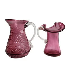 Two Cranberry Glass Vintage Small Fluted and Textured Creamer Pitchers - Picture 1 of 8