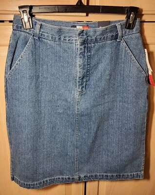 Saia jeans French Cuff tamanho 10 clássica modesta azul bolsos frontais nova com etiquetas - Imagem 1 de 4
