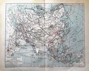 1902 Original Gegraph.Map REISEN FORSCHUNG ASIEN MITTELALTER ZENTRALASIEN Meyers. - Bild 1 von 2