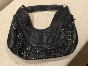 MC Black Fringe Handbag Slouch Studded Large Purse Pocketbook Bag Tote Preowned - Picture 1 of 6
