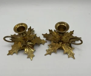 Brass Holly Leaf Candle Holders Pair Holiday Farmhouse Cottage Christmas Vintage - Picture 1 of 4