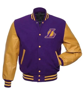 Los Angeles Lakers Purple Body Gold Leather  Baseball Jacket Varsity Jacket - Image 1 of 4
