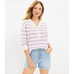 Loft Damen XS weiß lila gestreift Drop Shoulder Beachy Henley Pullover Sweater - Bild 1 von 7