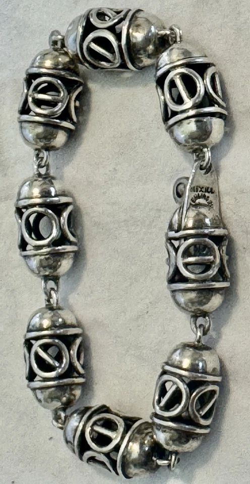 "Pulsera de colección Taxco México Sterling 925 Eagle 3 cuentas de barril JSF 8,5"" 34 g" Foto 1 de 4