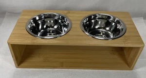 Elevated Raised Dog Bowl Wooden Stand Stainless Steel Bowls Food Water 14” long - Picture 1 of 18