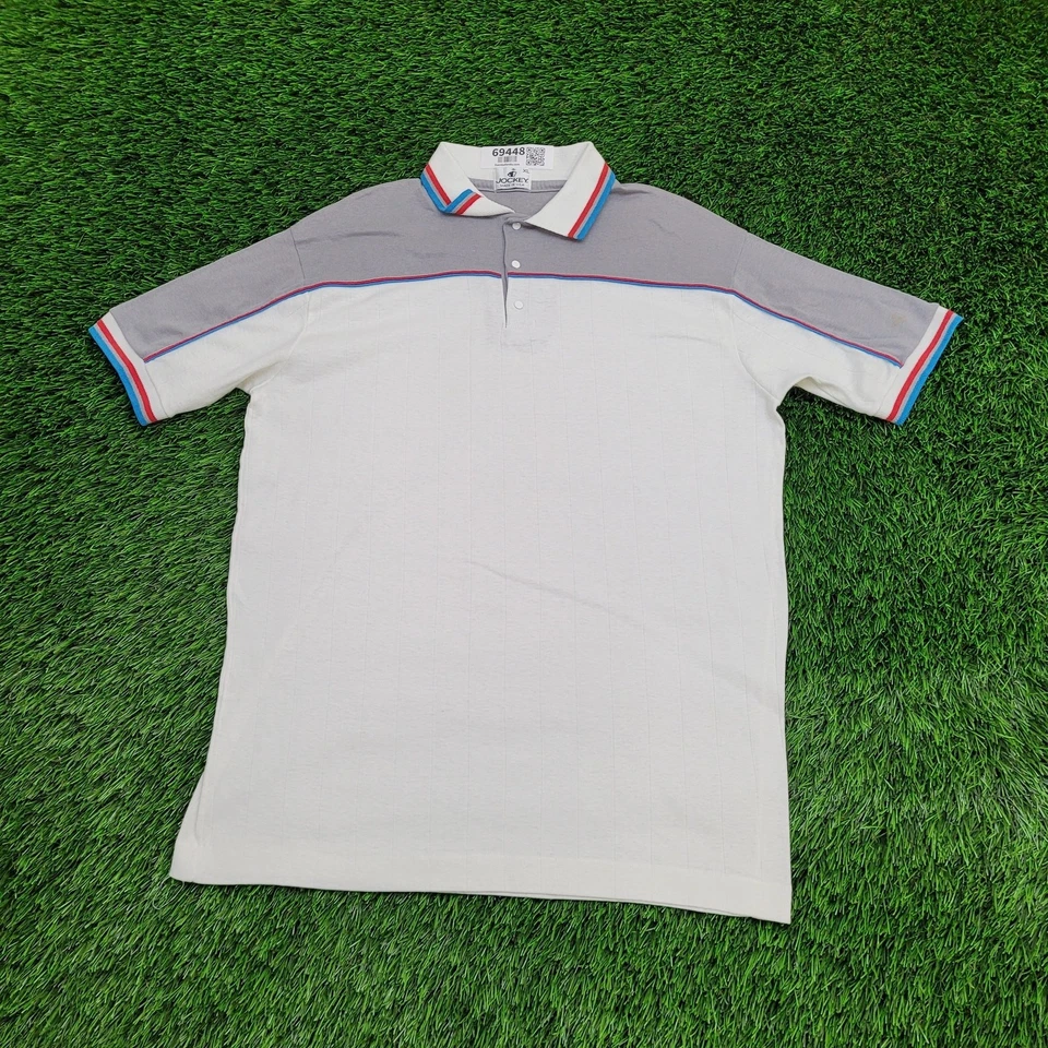 Polo Jockey Vintage Años 90 Pequeño 19x27 Blanco Gris Rojo Azul Borde Colorblock Foto 1 de 4