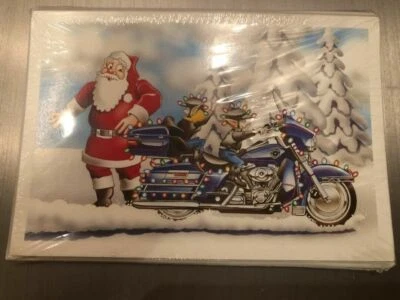 HARLEY DAVIDSON CHRISTMAS CARDS #X549 SANTA AND BIKER ELVES ON HARLEY (10 PACK) - Image 1 of 4