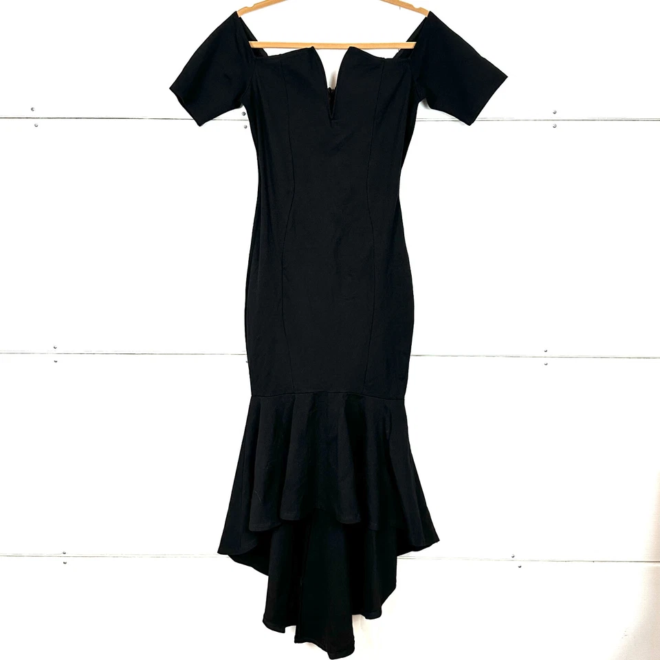 CAMEO Vestido Sirena Negro Talla L Elastizado Jersey Corsé Fuera del Hombro Alto Bajo Foto 1 de 4