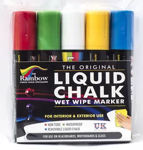 RAINBOW CHALK LIQUID CHALK PEN 15MM BROAD NIB 5 PACK ASSORTED USE ON BLACKBOARDS - Picture 1 of 2