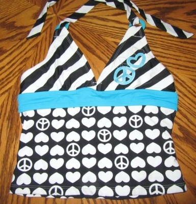Justice Girls 12 Black Multi Hearts/Peace Tankini Swimsuit Top NWT Really Cute! - Image 1 of 4