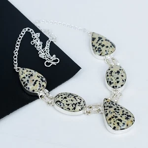 Naturale Diaspro Dalmata Gemma a Mano 925 Sterling Collana Argento per Regalo - Foto 1 di 4