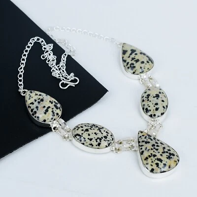 Naturale Diaspro Dalmata Gemma a Mano 925 Sterling Collana Argento per Regalo - Immagine 1 di 4