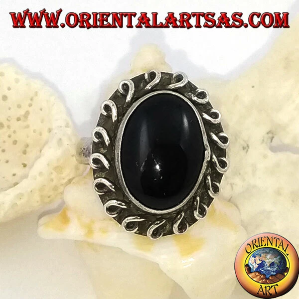 Anello in Argento 925‰ a fiore con onice ovale a cabochon e linea arrotolata - Immagine 1 di 1