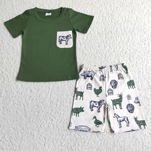 Green Short Sleeve T-shirt  Farm Animal Shorts Boutique Boys Outfit - Picture 1 of 17