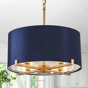 Drum Chandelier,18” Blue and Gold Round Ceiling Pendant Light Fixture Velv - Picture 1 of 9