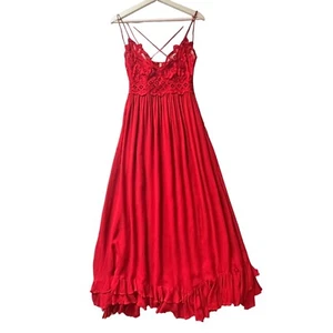 Free People Adella Maxi Slip Dress Bright Red Size Medium Crochet Ruffle Strappy - Picture 1 of 8