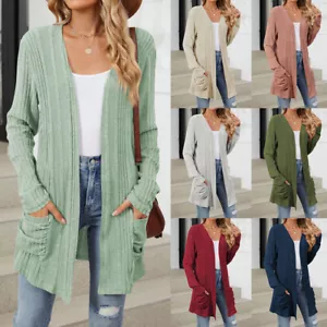 Womens Open Front Fly Away Cardigan Long Sleeve With Pockets Loose Drape Jacket- - Picture 1 of 28