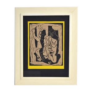 Mid-Century moderner Holzblockdruck zwei Akte datiert 1969 - Bild 1 von 8