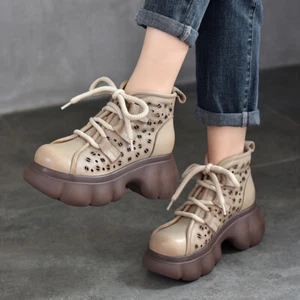 Mujeres Retro Cuero Huecado Tacón de Cuña Botas Verano Suela Gruesa Sandalias Romanas - Imagen 1 de 24