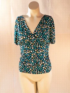 Vintage Y2K Fitted Slinky Top S Polka Dot Blue Brown Mod Office Milk Maid - Picture 1 of 8