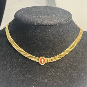 VINTAGE SIGNED PARK LANE GOLD TONE MESH CHAIN CHOKER VICTORIAN CAMEO NECKLACE - Picture 1 of 3