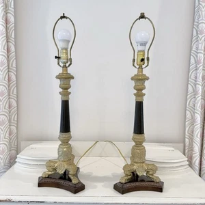 Vtg French Lions Tri Foot Table Lamps Neoclassical Brass Hollywood Regency - Picture 1 of 8