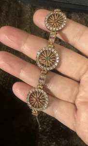 TURKISH VINTAGE STERLING SILVER .925 BRACELET WITH RUBY/EMERALD STONES - Picture 1 of 13