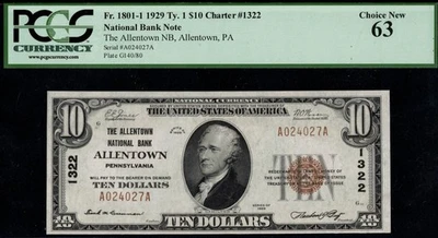 #1322 1929 $10 THE ALLENTOWN NB OF PA - Image 1 of 2