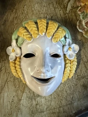 Vintage Italy Majolica Pottery 4.5"x5.5" Bacchus Floral Seasons Wall Mask Foto 1 de 4