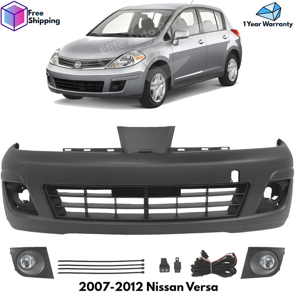 Front Bumper Cover Primed Plastic & Fog Lights Kit For 2007-2012 Nissan Versa Foto 1 de 4