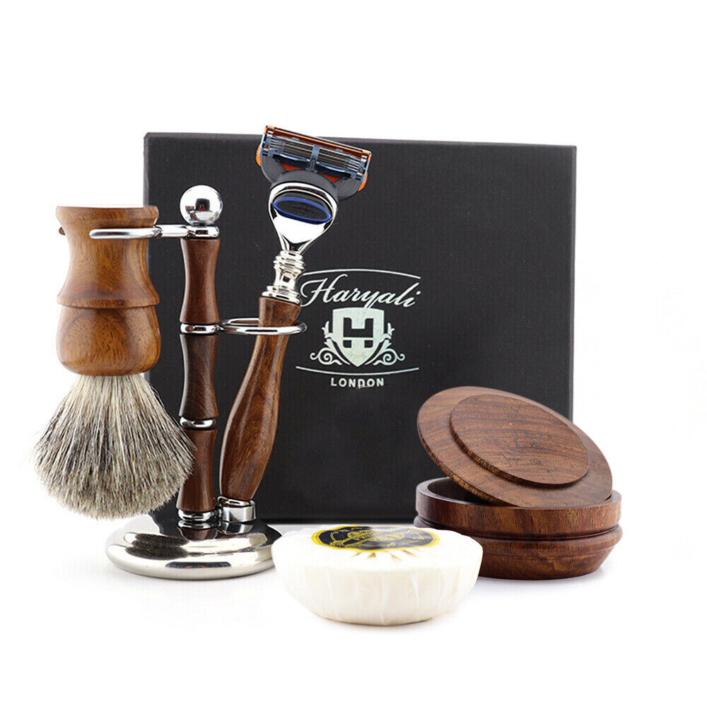 Traditional Wooden Shaving Kit for men with 5 Edge Razor Brush Bowl Soap & Stand