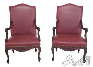 48320EC: Pair OLD HICKORY Tannery Leather Carved Walnut Arm Chairs - Picture 1 of 12