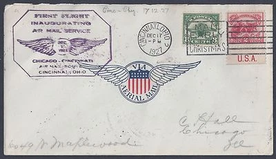 US 1927 FIRST FLIGHT CHICAGO CINCINNATI OHIO FRANKED Sc C4 - Image 1 of 2