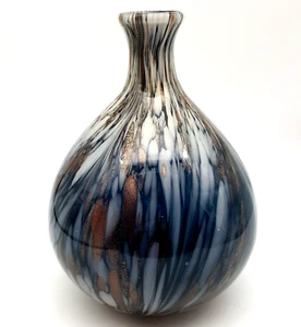 Jarrón botella vidrio soplado a mano forma bulbosa azul gris cobre infundido brillo 10"T - Imagen 1 de 14