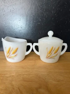 Fire-King Oven Ware Milk Glass Wheat Pattern Creamer and Sugar Bowl with Lid - Picture 1 of 3
