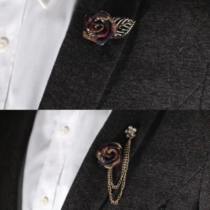 Spilla uomo moda spilla clip tuta colletto nappa catena rosa abito formale banchetto - Foto 1 di 12