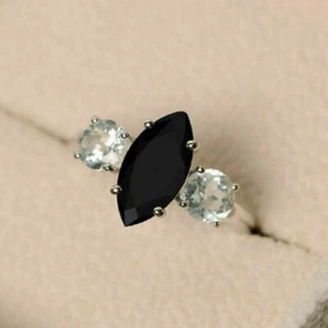 2Ct Marquise Lab-Created Black Diamond Engagement Ring 14K White Gold Finish - Picture 1 of 3