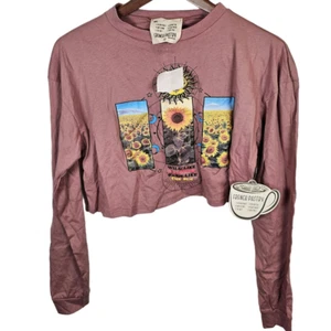 NEW French Pastry Crop Top Shirt Junior Size Small Pink Sunflowers Long Sleeve - Picture 1 of 4