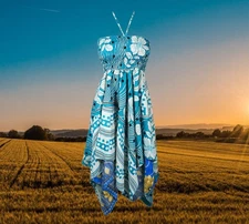 Women's Floral Halter Dress, Blue Printed Bohemian Recycled Summer Travel S/M