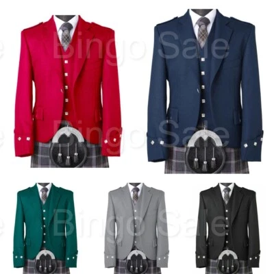 Men's Scottish Argyle Jacket With Vest Serge Wool Wedding Argyle Kilt Jacket - Photo 1/4