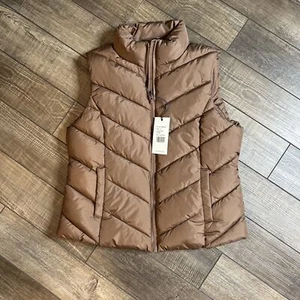 NWT COLE HAAN Women Collared Full Zip Chevron Quilted Puffer Vest Size L Toffee - Picture 1 of 5