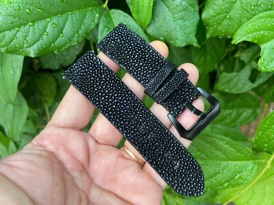 Pulseira de relógio de couro Stingray preta, tamanho 18mm 19mm 20mm 21mm 22mm 24mm 26mm - Imagem 1 de 4