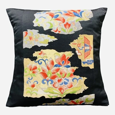 18" Glittering Japanese Kimono Obi Pillow Cover Handmade/Black/Flower  F/S 208 - Image 1 of 4
