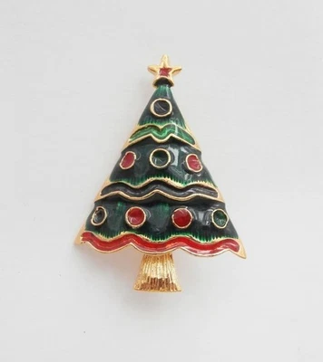 Brandneu Vintage 1980er Gold Metall & Faux-Emaille Weihnachtsbaum Brosche Deadstock - Bild 1 von 3