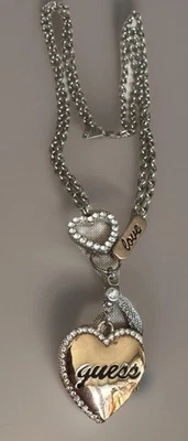 Guess Necklace chunky charm silver /gold tone rhinestone  logo  heart 27’ - Image 1 of 4