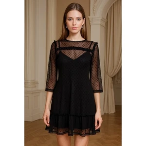 Sybilla Damen schwarz gepunktet transparent Overlay Rüschen Weihnachten Gothic Kleid Gr. L - Bild 1 von 16