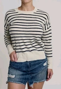 Cynthia Rowley Damen 100% 2-fädig Kaschmir creme gestreift Pullover Pulli Oberteil! L - Bild 1 von 4